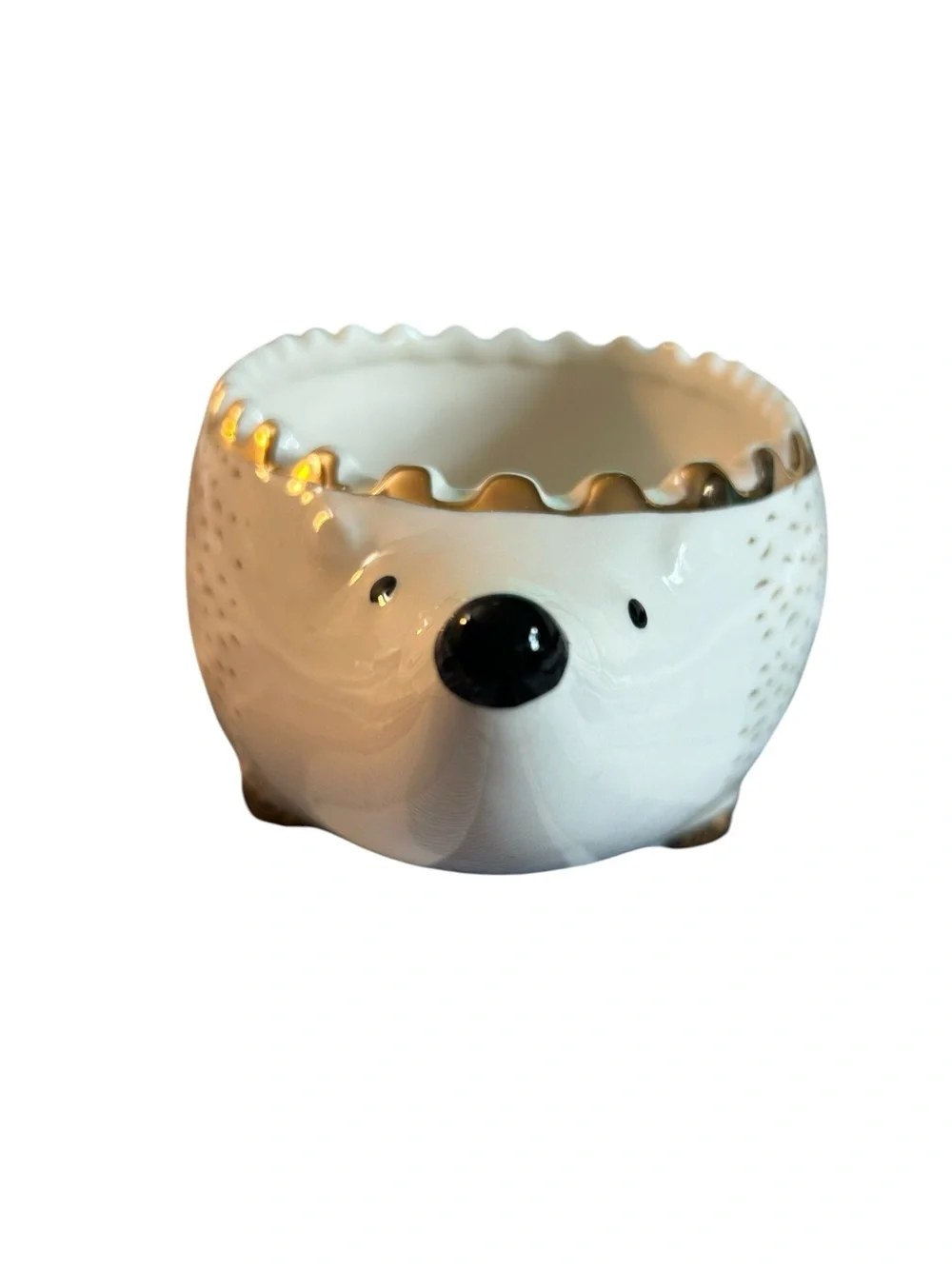 Signature White & Gold Ceramic Hedgehog Bowl EUC Whimsy China Animal Print
